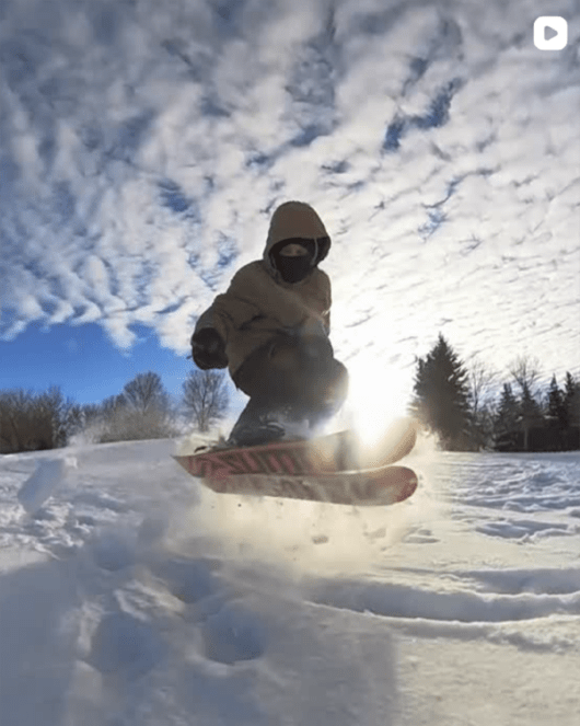 Dustin @webeski can't get enough. Riding any and every hill near his house, building snow ramps to hit home-made rails, airs, riding at high speeds through trees, and being very steezy.